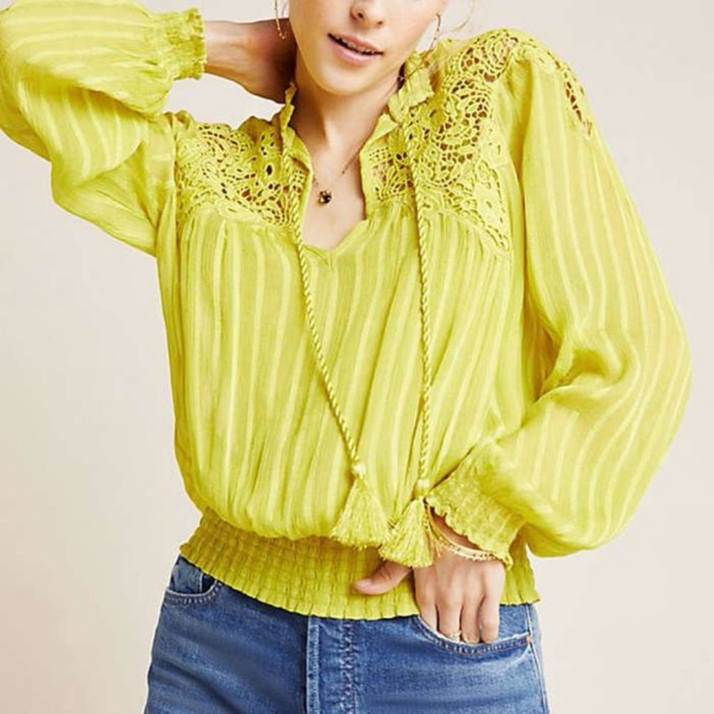 ANTHROPOLOGIE NWT Moira Peasant Blouse Top In Chartreuse Size 6